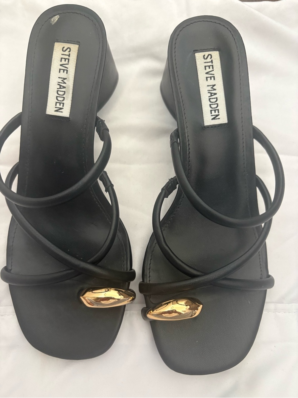 Steve Madden Black Strappy Heeled Mule with Gold Accent